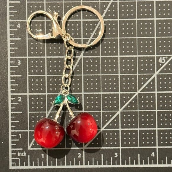 Dark Red Cherry & Green Rhinestone Leaf Keychain/Bag Charm (NWT) - Picture 4 of 6